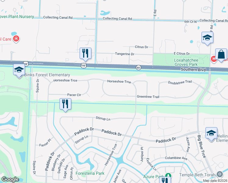 map of restaurants, bars, coffee shops, grocery stores, and more near 14183 Greentree Trail in Wellington