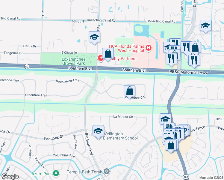 map of restaurants, bars, coffee shops, grocery stores, and more near 13406 Doubletree Circle in Wellington