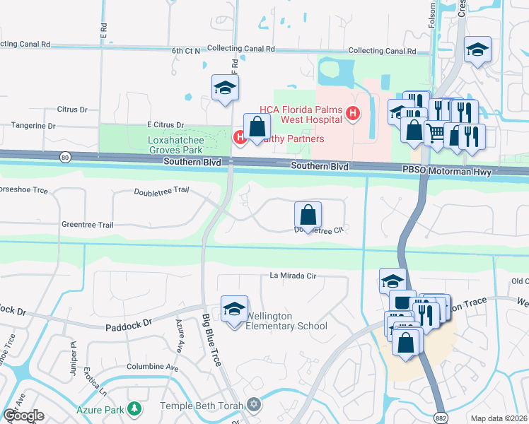 map of restaurants, bars, coffee shops, grocery stores, and more near 13406 Doubletree Circle in Wellington