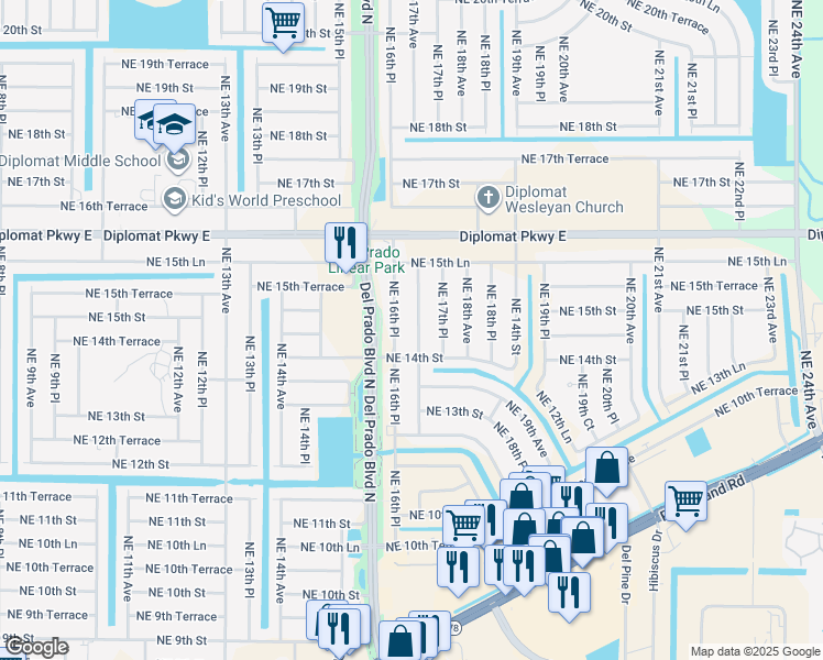 map of restaurants, bars, coffee shops, grocery stores, and more near 1409 Northeast 16th Place in Cape Coral