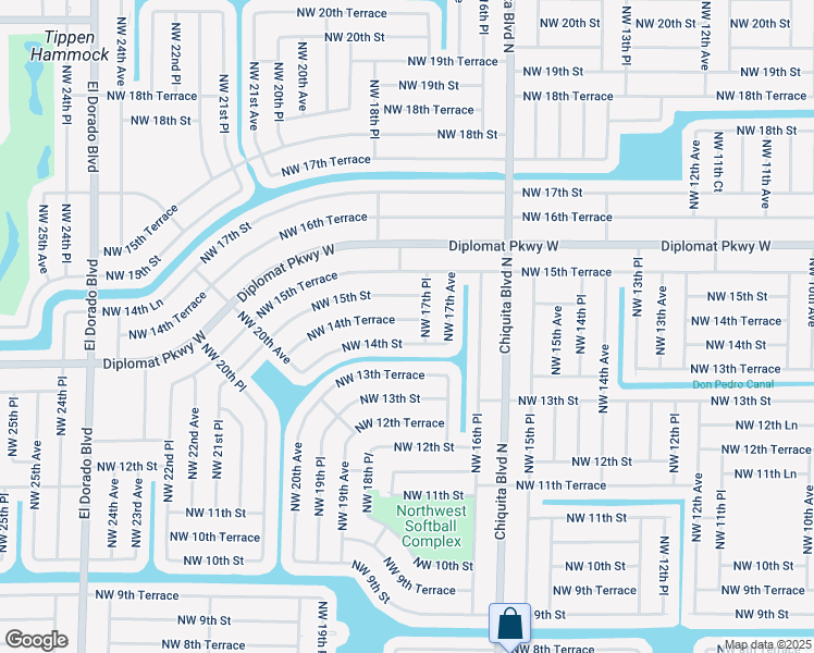 map of restaurants, bars, coffee shops, grocery stores, and more near 1731 Northwest 14th Street in Cape Coral