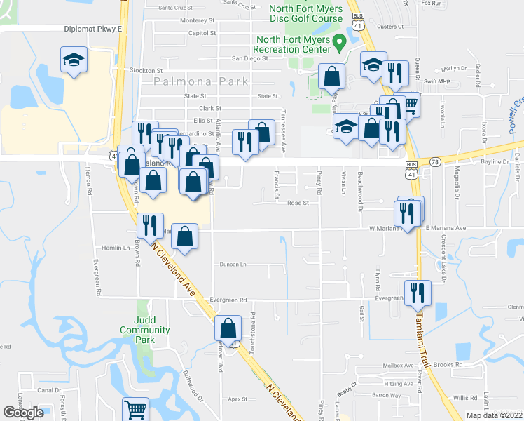 map of restaurants, bars, coffee shops, grocery stores, and more near 241 Rose Street in North Fort Myers