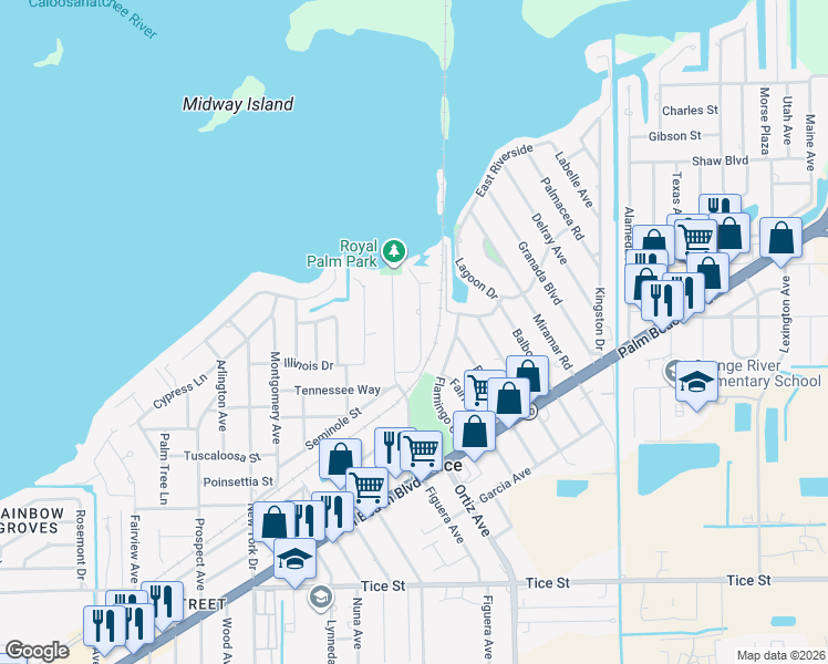 map of restaurants, bars, coffee shops, grocery stores, and more near 331 Chattanooga Drive in Fort Myers