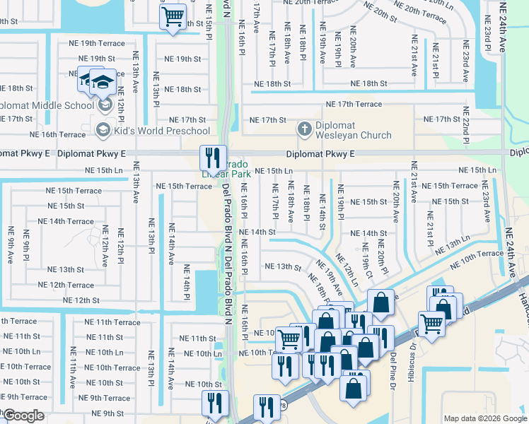 map of restaurants, bars, coffee shops, grocery stores, and more near 1408 Northeast 17th Place in Cape Coral