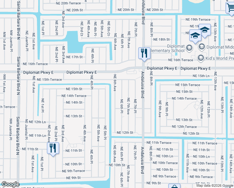 map of restaurants, bars, coffee shops, grocery stores, and more near 1409 Northeast 6th Place in Cape Coral