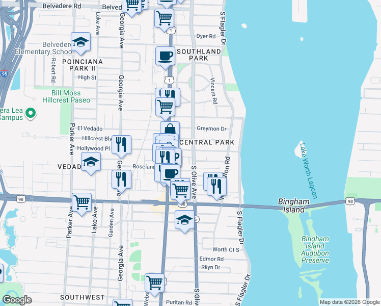map of restaurants, bars, coffee shops, grocery stores, and more near 3655 Vintage Way in West Palm Beach