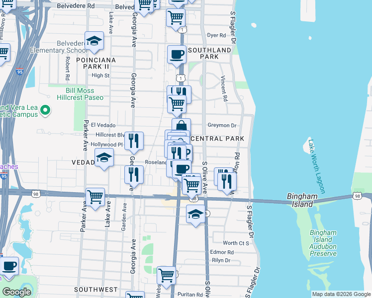 map of restaurants, bars, coffee shops, grocery stores, and more near 3655 Vintage Way in West Palm Beach