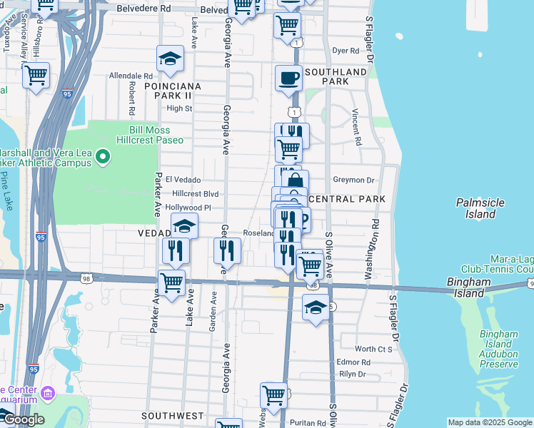 map of restaurants, bars, coffee shops, grocery stores, and more near 3618 Henry Avenue in West Palm Beach