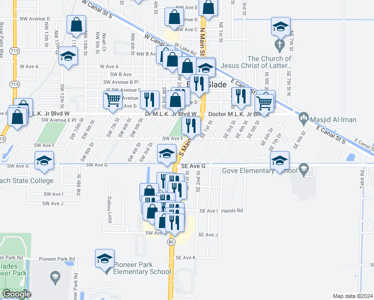 map of restaurants, bars, coffee shops, grocery stores, and more near 661 Southeast 1st Street in Belle Glade