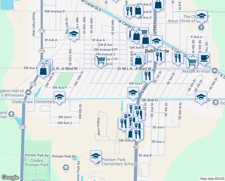 map of restaurants, bars, coffee shops, grocery stores, and more near 665 Southwest 5th Street in Belle Glade