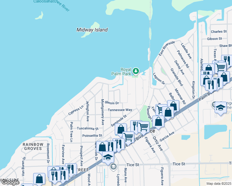 map of restaurants, bars, coffee shops, grocery stores, and more near 319 Colorado Avenue in Fort Myers