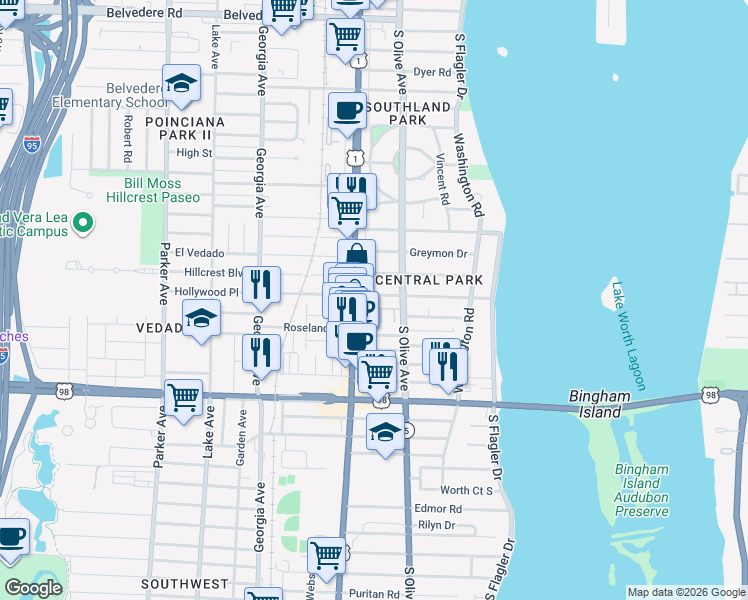 map of restaurants, bars, coffee shops, grocery stores, and more near 328 Monroe Drive in West Palm Beach