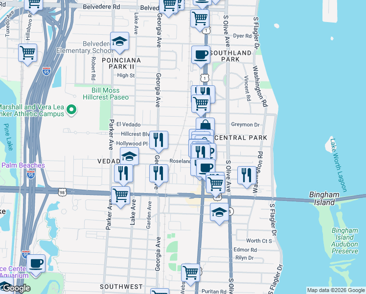 map of restaurants, bars, coffee shops, grocery stores, and more near 444 Monroe Drive in West Palm Beach