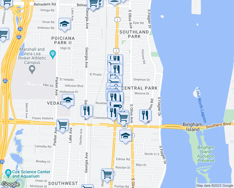 map of restaurants, bars, coffee shops, grocery stores, and more near 3600 South Dixie Highway in West Palm Beach