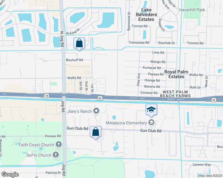 map of restaurants, bars, coffee shops, grocery stores, and more near 6101-6199 Southern Boulevard in West Palm Beach