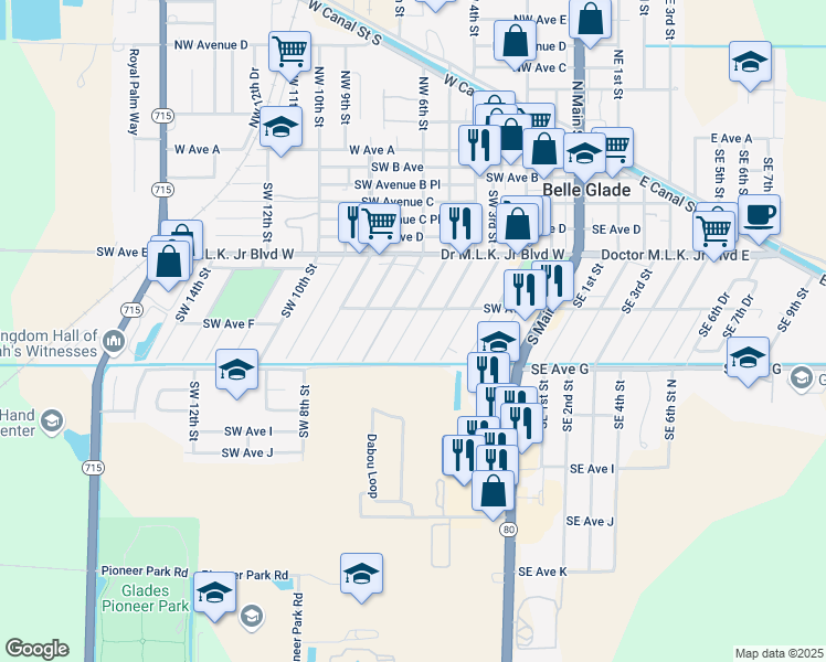 map of restaurants, bars, coffee shops, grocery stores, and more near 665 Southwest 5th Street in Belle Glade