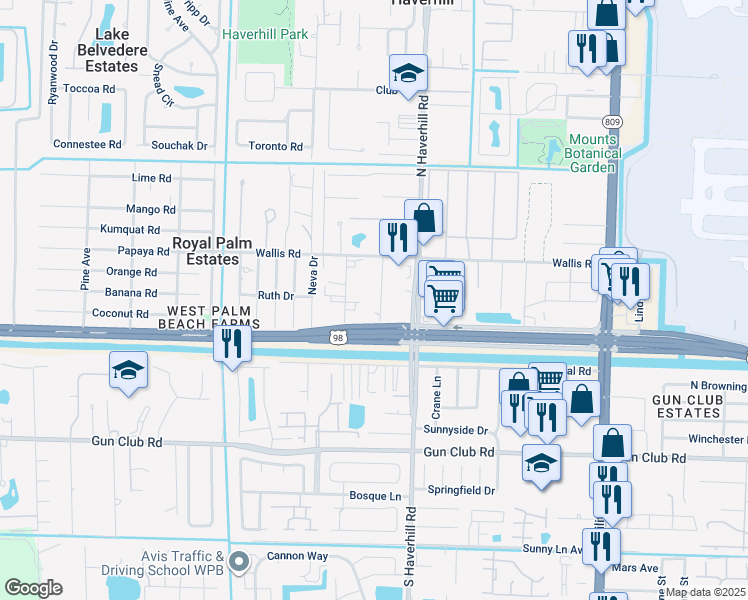 map of restaurants, bars, coffee shops, grocery stores, and more near 141 West Trail Drive in West Palm Beach