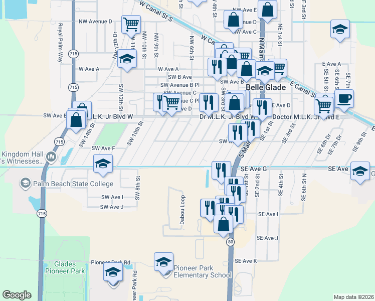 map of restaurants, bars, coffee shops, grocery stores, and more near 665 Southwest 5th Street in Belle Glade