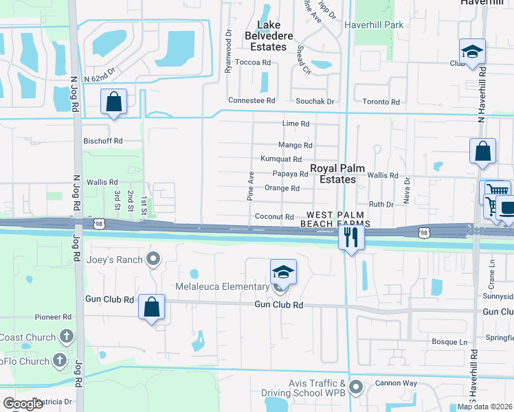 map of restaurants, bars, coffee shops, grocery stores, and more near 70 Pine Avenue in West Palm Beach