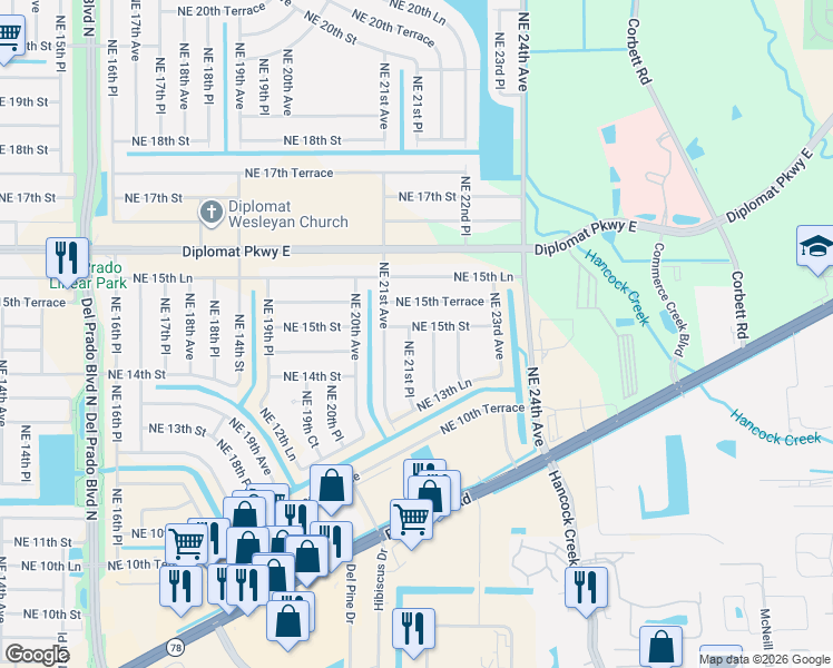 map of restaurants, bars, coffee shops, grocery stores, and more near 1410 Northeast 22nd Avenue in Cape Coral