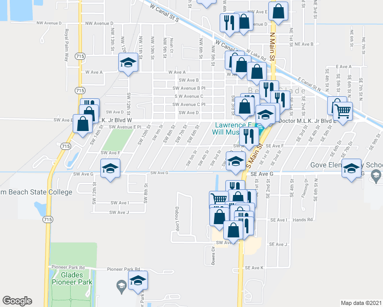 map of restaurants, bars, coffee shops, grocery stores, and more near 624 Southwest 5th Street in Belle Glade