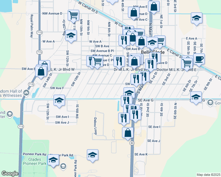 map of restaurants, bars, coffee shops, grocery stores, and more near 588 Southwest 4th Street in Belle Glade