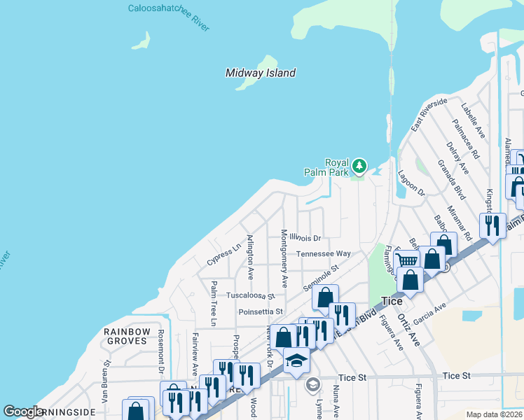 map of restaurants, bars, coffee shops, grocery stores, and more near 4441 East Riverside Drive in Fort Myers