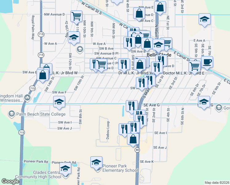 map of restaurants, bars, coffee shops, grocery stores, and more near 588 Southwest 4th Street in Belle Glade