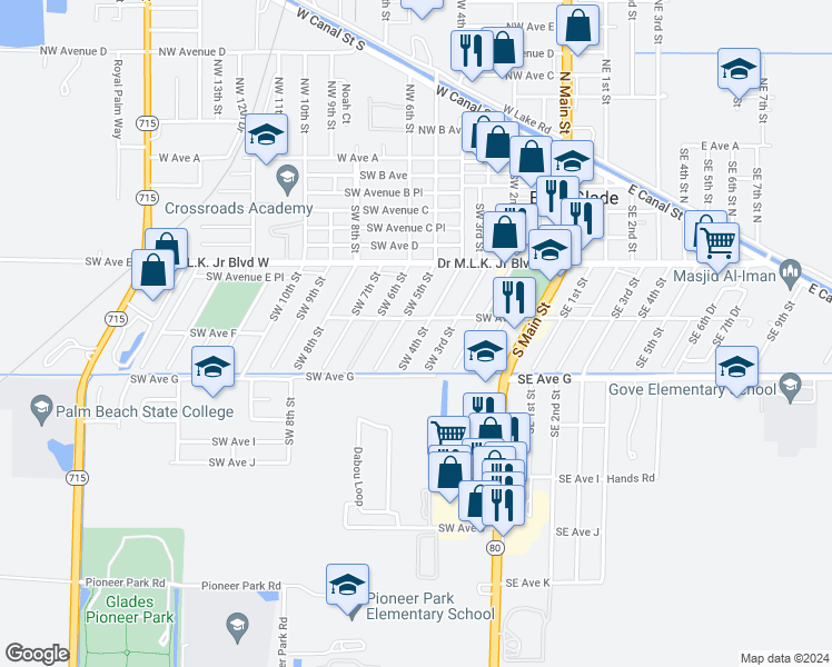 map of restaurants, bars, coffee shops, grocery stores, and more near 588 Southwest 4th Street in Belle Glade