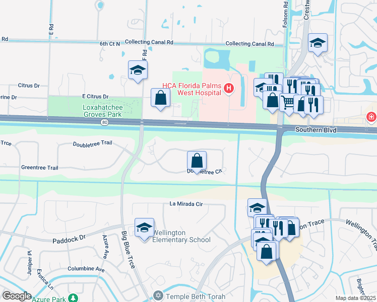 map of restaurants, bars, coffee shops, grocery stores, and more near 13343 Doubletree Circle in Wellington