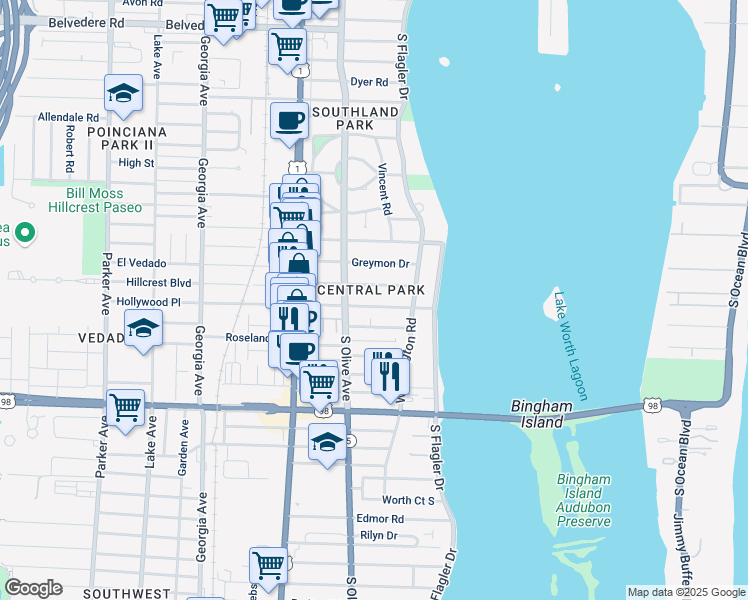 map of restaurants, bars, coffee shops, grocery stores, and more near in West Palm Beach