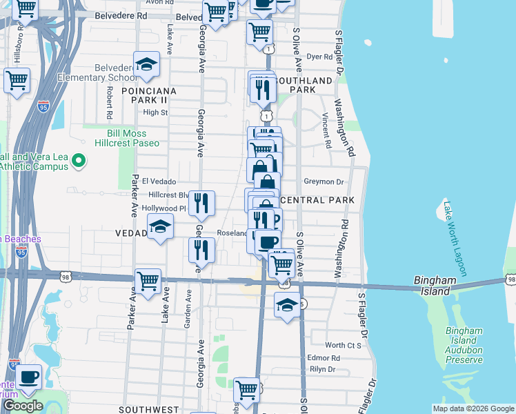 map of restaurants, bars, coffee shops, grocery stores, and more near 3415 South Dixie Highway in West Palm Beach