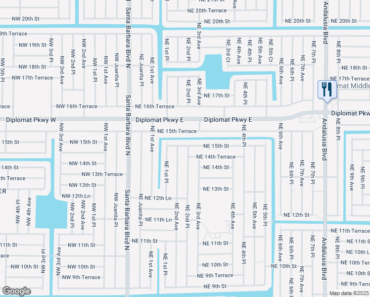 map of restaurants, bars, coffee shops, grocery stores, and more near 1428 Northeast 2nd Place in Cape Coral