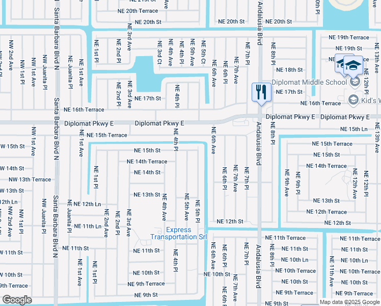 map of restaurants, bars, coffee shops, grocery stores, and more near 1429 Northeast 5th Avenue in Cape Coral