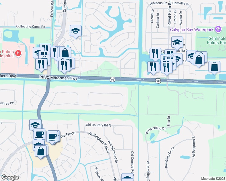 map of restaurants, bars, coffee shops, grocery stores, and more near 12231 Areaca Drive in Wellington