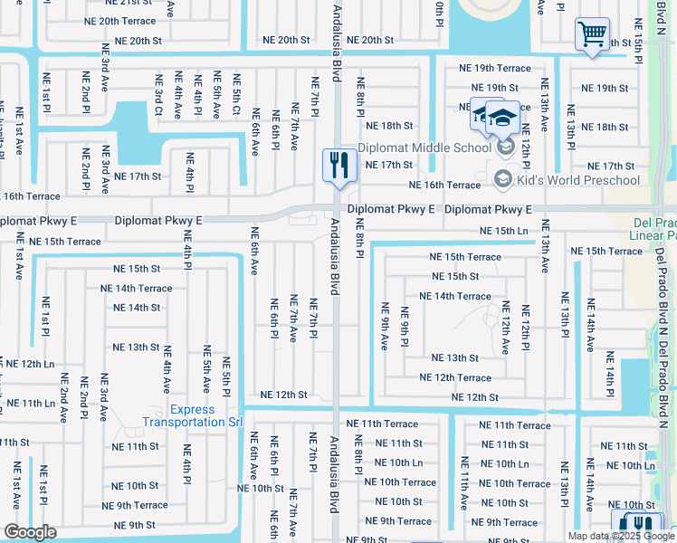 map of restaurants, bars, coffee shops, grocery stores, and more near 1503 Andalusia Boulevard in Cape Coral