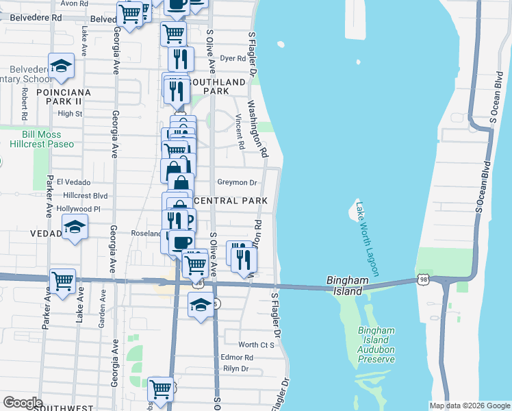 map of restaurants, bars, coffee shops, grocery stores, and more near 145 Edgewood Drive in West Palm Beach