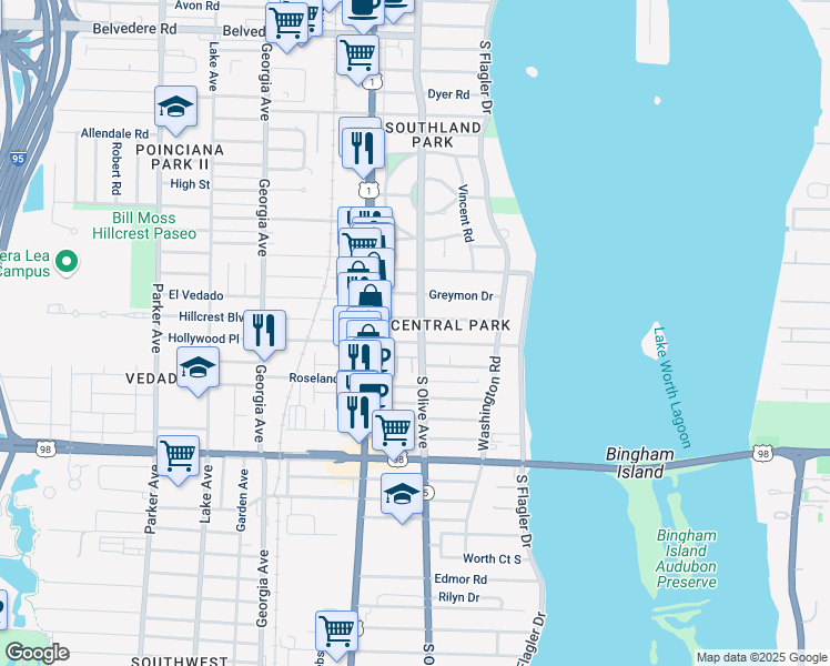 map of restaurants, bars, coffee shops, grocery stores, and more near 324 Edgewood Drive in West Palm Beach