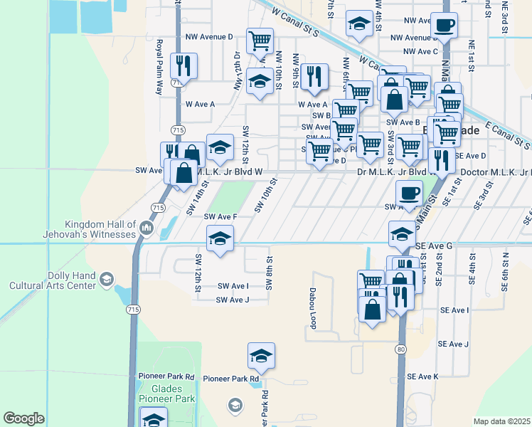 map of restaurants, bars, coffee shops, grocery stores, and more near 573 Southwest 10th Street in Belle Glade