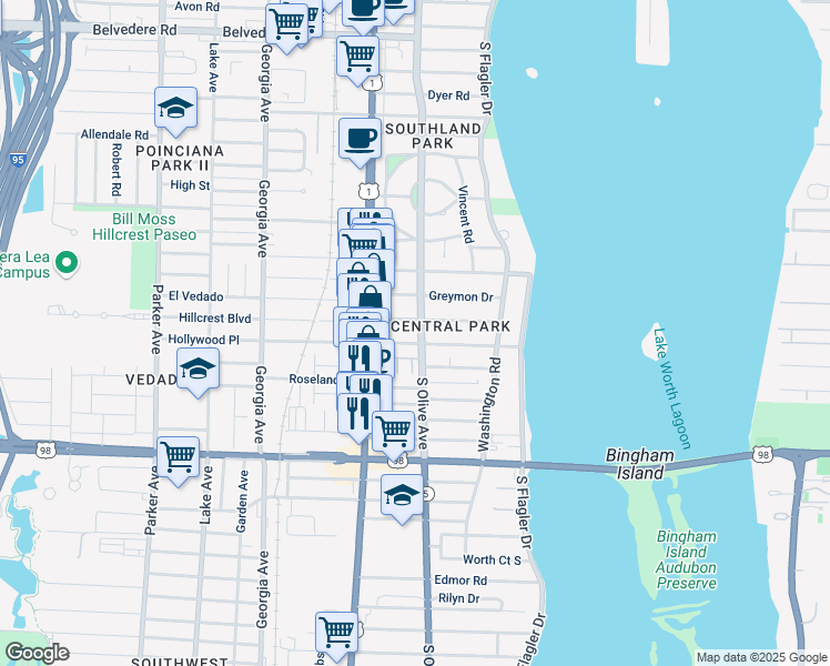 map of restaurants, bars, coffee shops, grocery stores, and more near 324 Edgewood Drive in West Palm Beach
