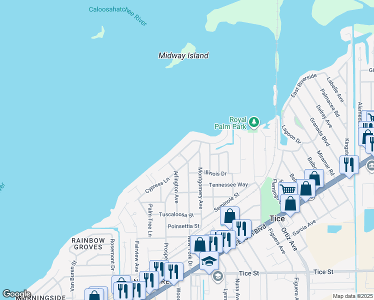 map of restaurants, bars, coffee shops, grocery stores, and more near 4444 East Riverside Drive in Fort Myers