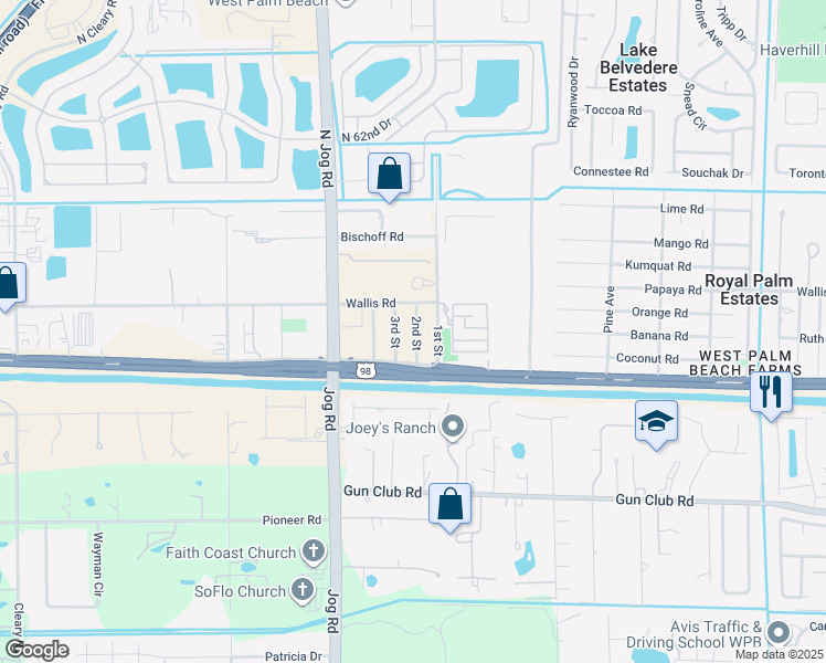 map of restaurants, bars, coffee shops, grocery stores, and more near 205 2nd Street in West Palm Beach
