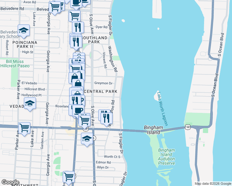map of restaurants, bars, coffee shops, grocery stores, and more near 3423 South Flagler Drive in West Palm Beach