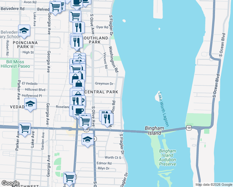 map of restaurants, bars, coffee shops, grocery stores, and more near 3423 South Flagler Drive in West Palm Beach