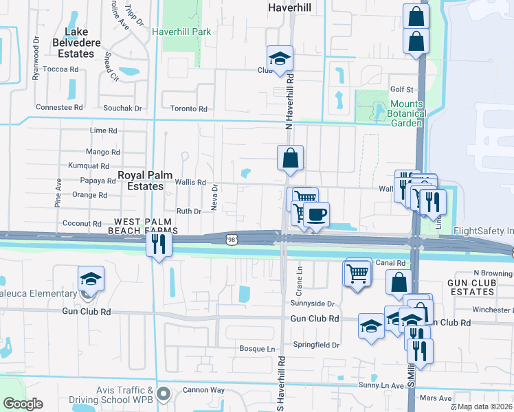 map of restaurants, bars, coffee shops, grocery stores, and more near 184 Tropical Avenue in West Palm Beach