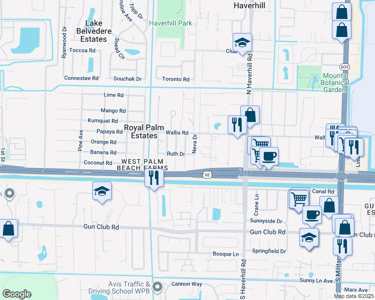 map of restaurants, bars, coffee shops, grocery stores, and more near 191 Marie Drive in West Palm Beach