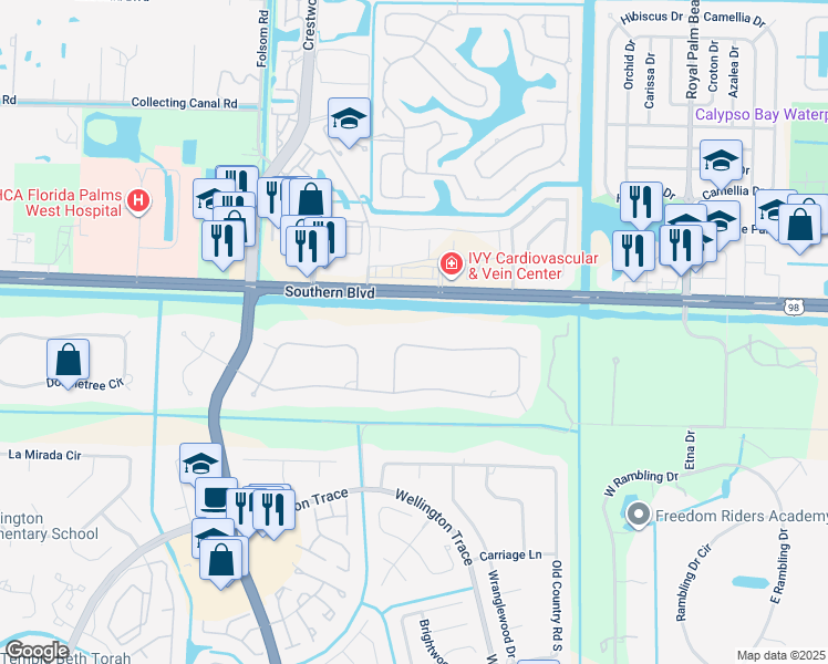 map of restaurants, bars, coffee shops, grocery stores, and more near 12413 Areaca Drive in Wellington