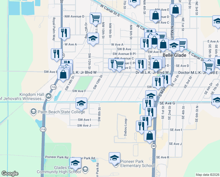 map of restaurants, bars, coffee shops, grocery stores, and more near 600 Southwest 8th Street in Belle Glade