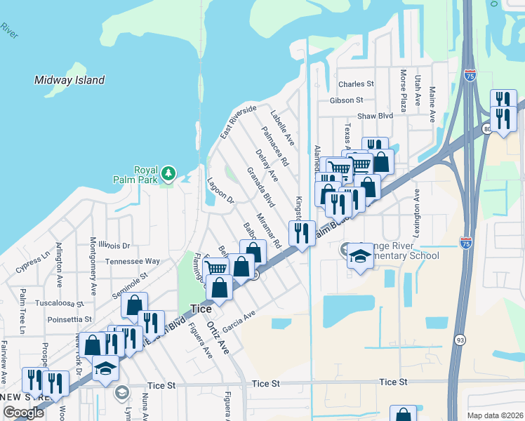 map of restaurants, bars, coffee shops, grocery stores, and more near 259 Miramar Road in Fort Myers
