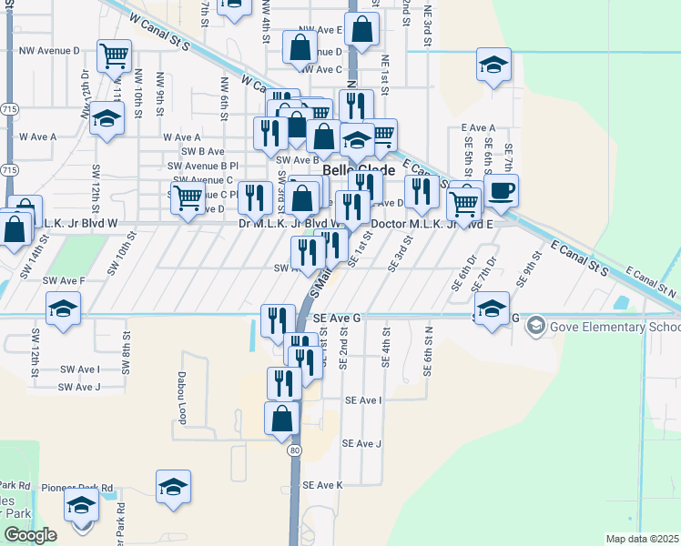 map of restaurants, bars, coffee shops, grocery stores, and more near 600 Southeast 1st Street in Belle Glade
